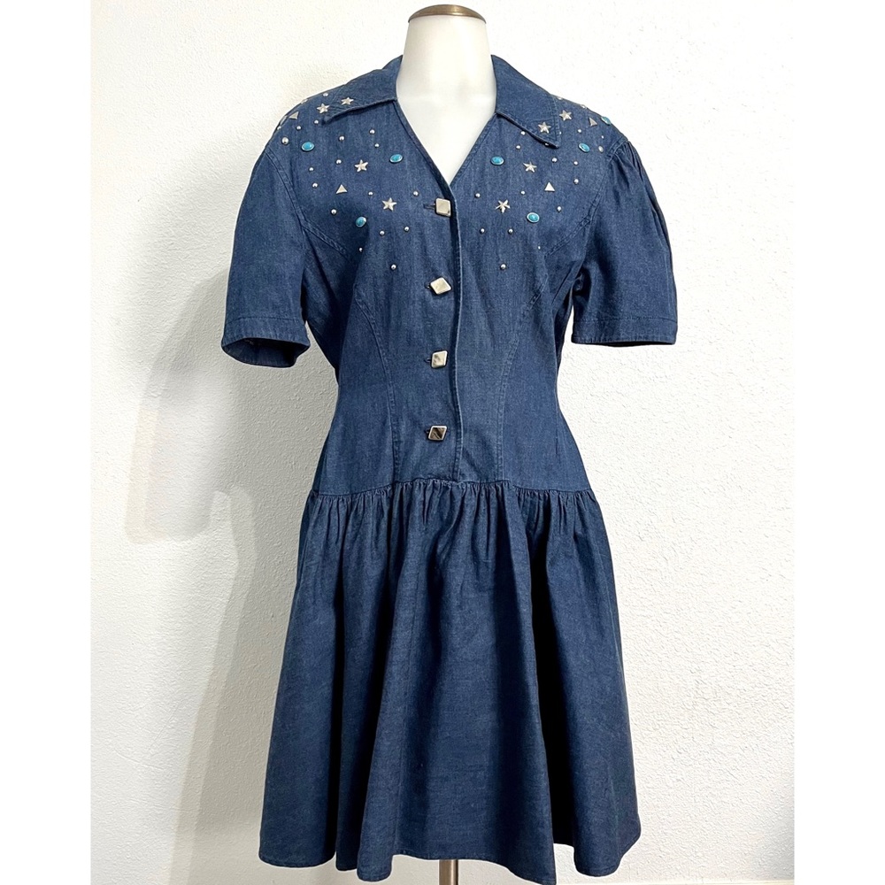 Vintage First Focus 90s Turquoise Star Studded Denim Peplum Dress Size 3/4
